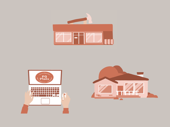 Illustration av en butik, dator och villa